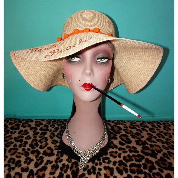 Vintage Feelin' Beachy Ivory Woven Sun Hat with orange pom pom fringe pinup - Picture 7 of 13